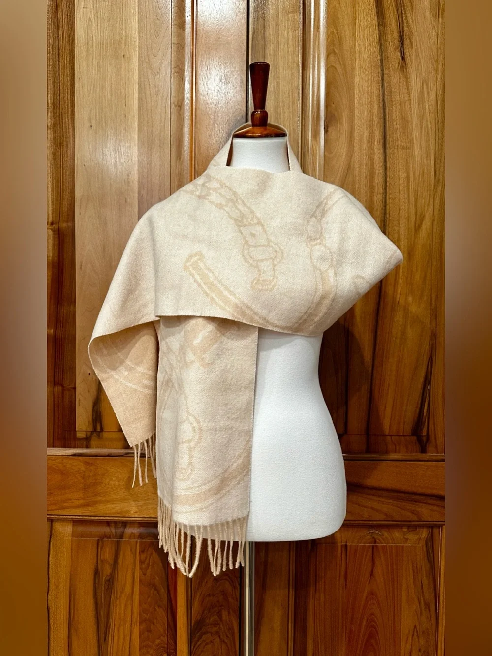 Ralph Lauren Pure Wool, Cream & Camel Fringed Equestrian Belting-Motif Scarf EUC